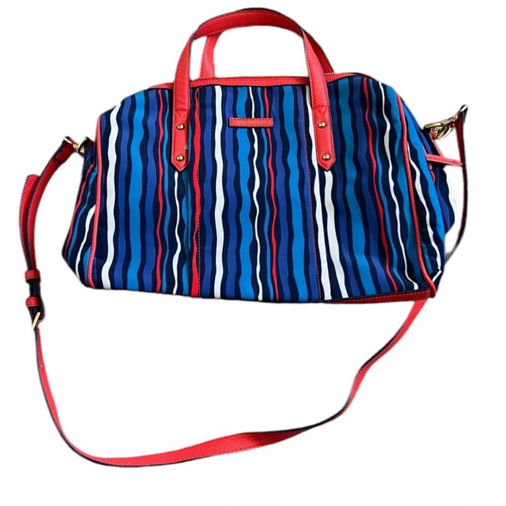 Vera Bradley Preppy Poly Marlo Satchel Bag Cobalt Stripe Faux Leather Trim